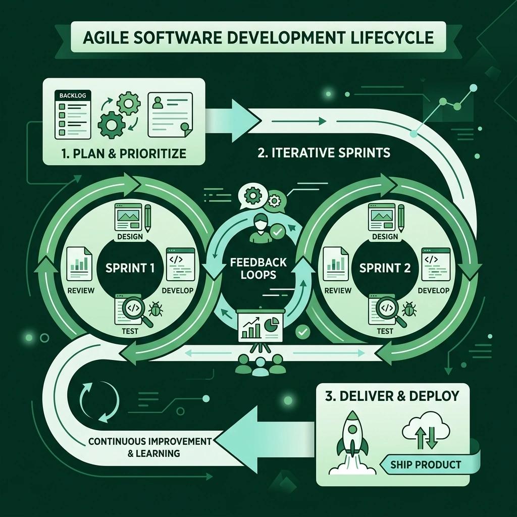 Agile software development lifecycle infographic showing iterative sprints, feedback loops, and delivery stages - agile app