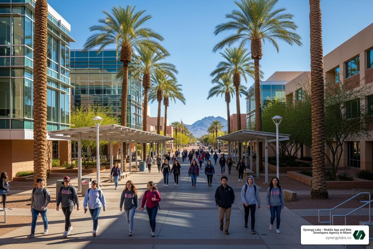 of the Arizona State University campus, representing the local talent pipeline - Cost advantages of Phoenix vs Silicon Valley for Mobile Dev Companies