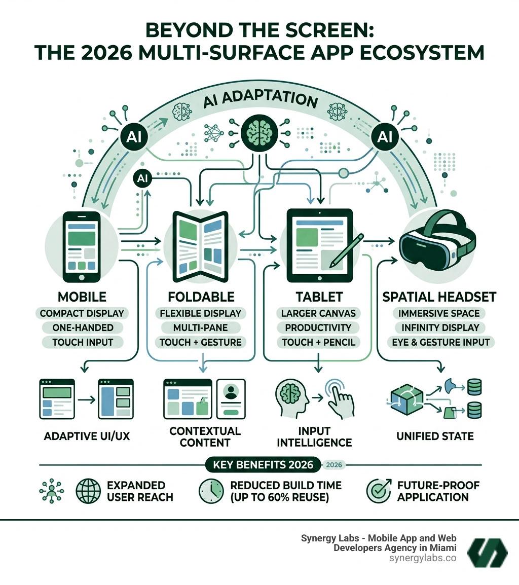Multi-surface app ecosystem showing mobile foldable tablet spatial headset and AI adaptation - Beyond the Screen: The 2026