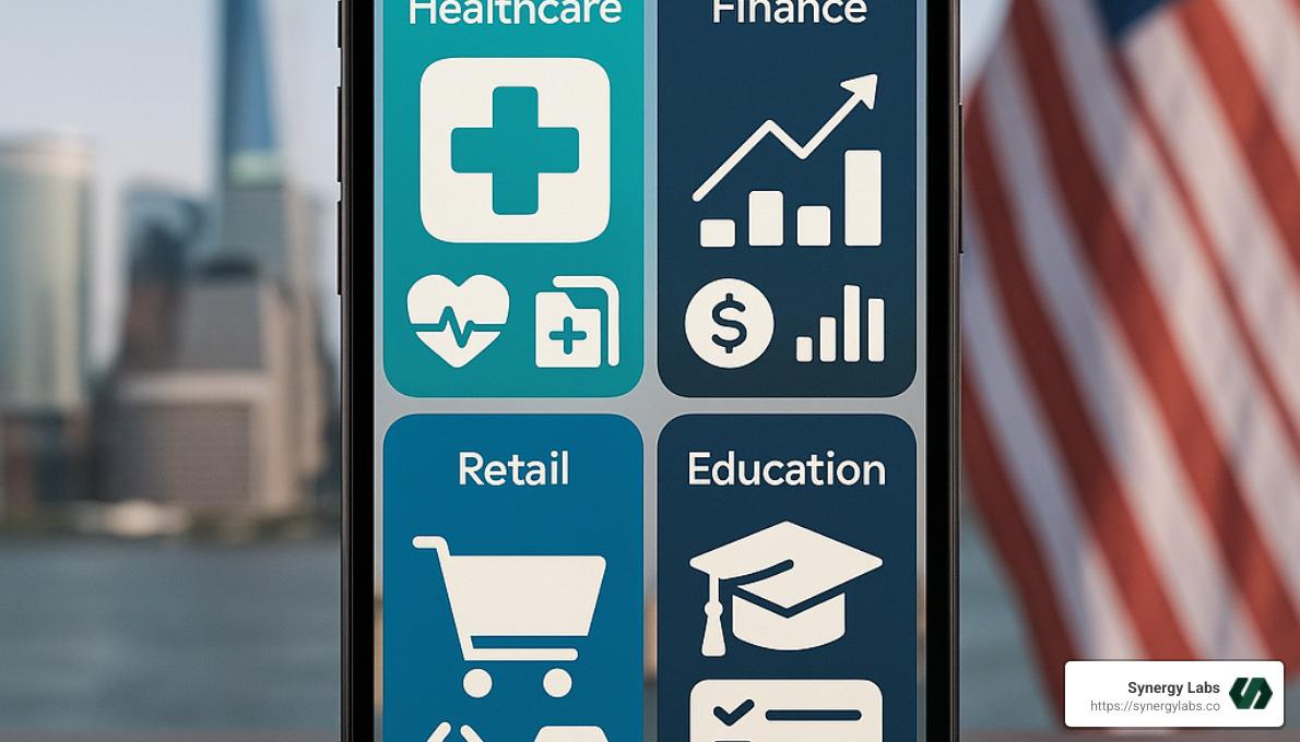 Industry-specific mobile applications showing healthcare, finance, retail, and education solutions - Top 10 App Development Companies In Dallas