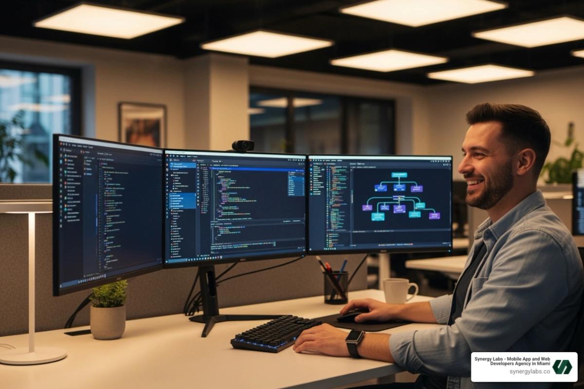 Image of a developer smiling while interacting with a vibe coding platform on a multi-monitor setup - ⦁   Best vibe coding platforms of 2025