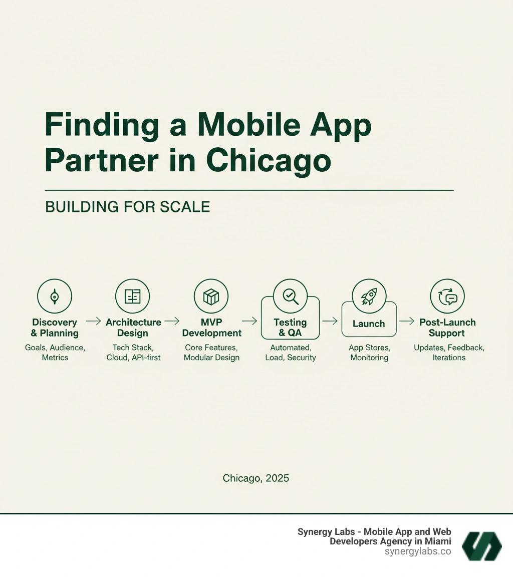 Infographic showing the key stages of building a scalable mobile app: 1. Discovery & Planning (Define goals, audience, and success metrics), 2. Architecture Design (Choose tech stack, cloud infrastructure, and API-first approach), 3. MVP Development (Build core features with modular design), 4. Testing & QA (Automated testing, load testing, security audits), 5. Launch (Deploy to app stores with monitoring), 6. Post-Launch Support (Maintenance, updates, feature iterations, user feedback integration) - Finding a Mobile App Partner in Chicago: How to Build for Scale infographic infographic-line-3-steps-elegant_beige