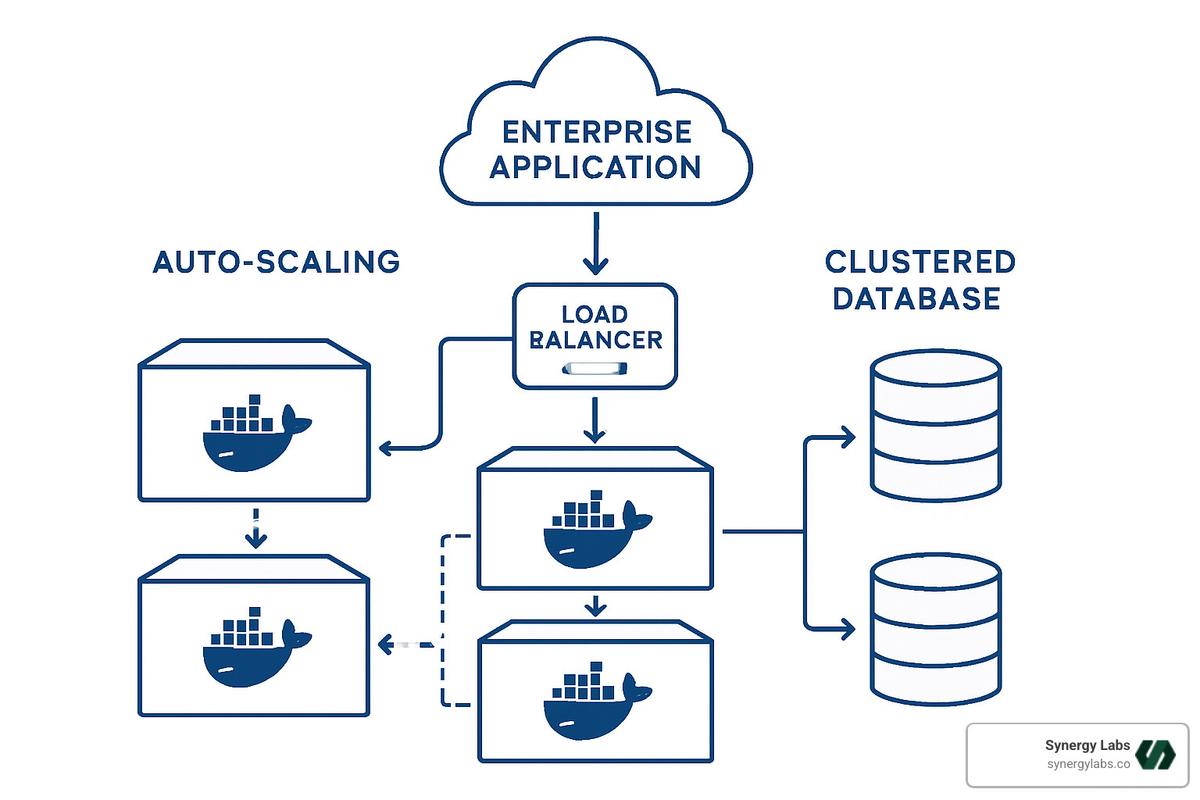 Auto-scaling cloud infrastructure diagram showing load balancers, containerized applications, and database clusters - app development for enterprise