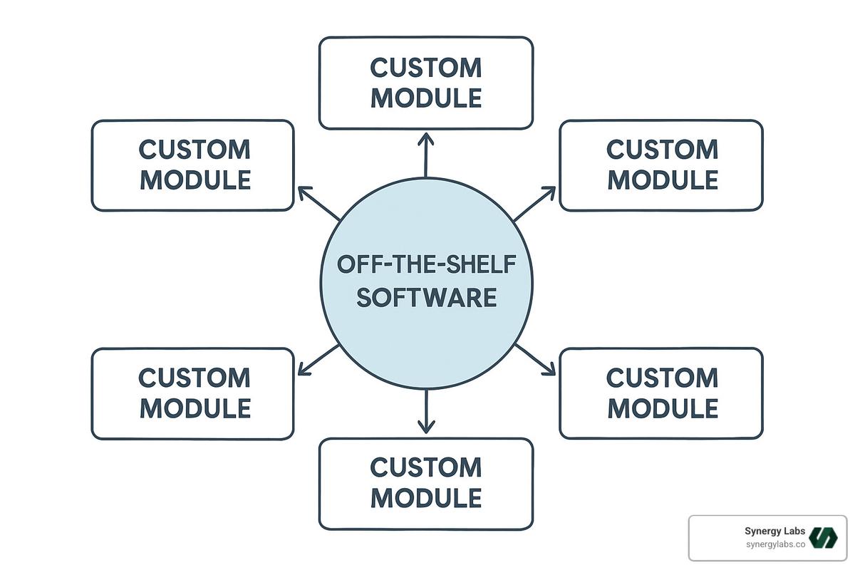 hybrid software architecture combining off-the-shelf core with custom modules - Custom software vs off-the-shelf solutions hybrid software architecture combining off-the-shelf core with custom modules - Custom software vs off-the-shelf solutions