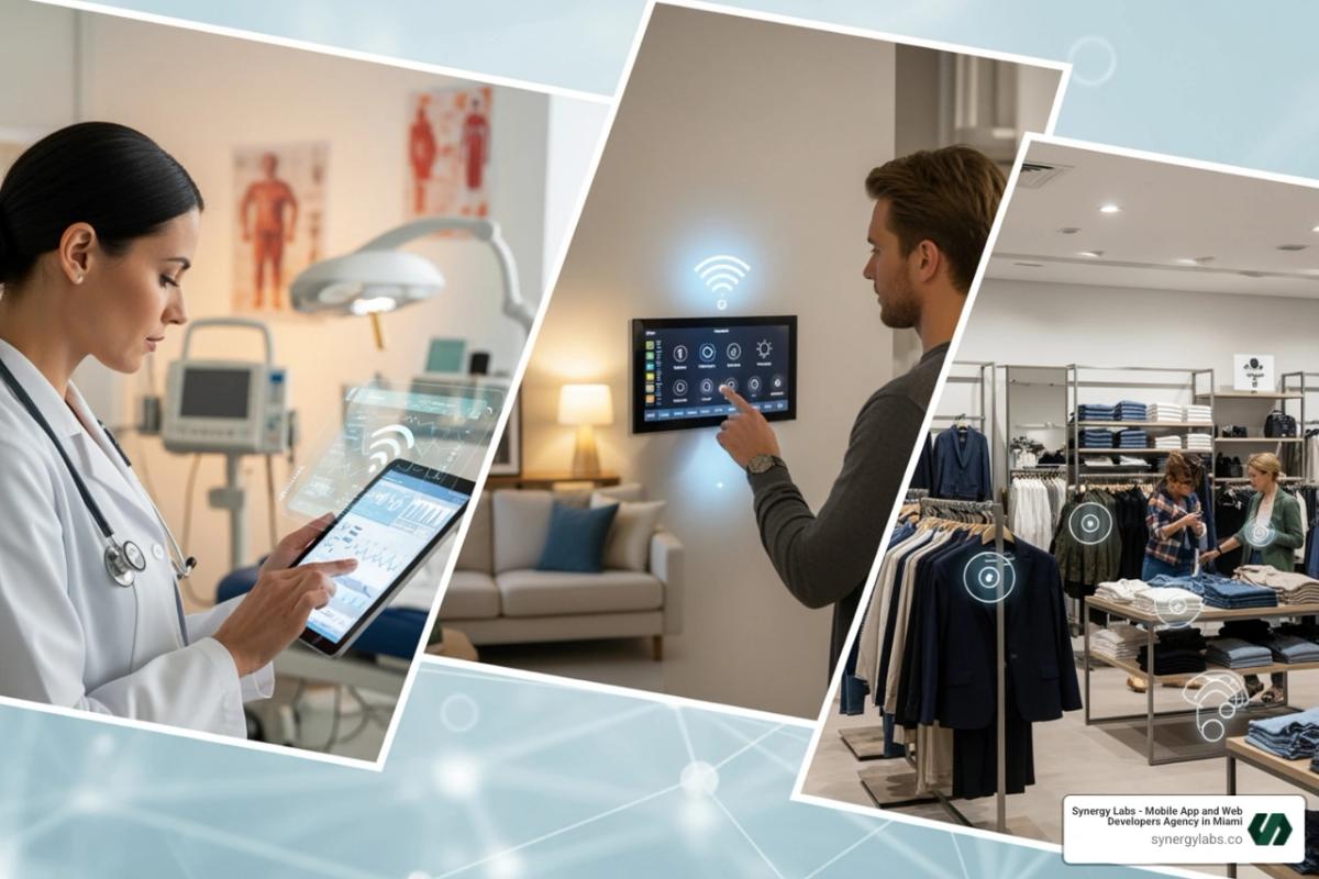 collage showing different industries: a doctor looking at a tablet, a smart home interface, a retail store with sensors - Wearable & IoT Integration in Mobile Apps: Real-Time Health Tracking and a Truly Connected Life