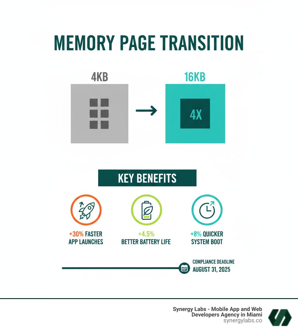 Infographic showing the transition from 4KB to 16KB memory pages with three key benefits: 30% faster app launches, 4.5% better battery life, and 8% quicker system boot times, plus a timeline showing the August 31 2025 compliance deadline - Avoid the Blocker: A PM/Dev Guide to Google Play’s 16 KB Compliance infographic 