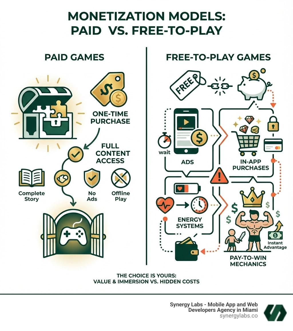 infographic comparing paid games versus free-to-play games showing monetization models, with paid games having one-time purchase and full content access versus free-to-play games with ads, in-app purchases, energy systems, and pay-to-win mechanics - best google play paid games infographic 