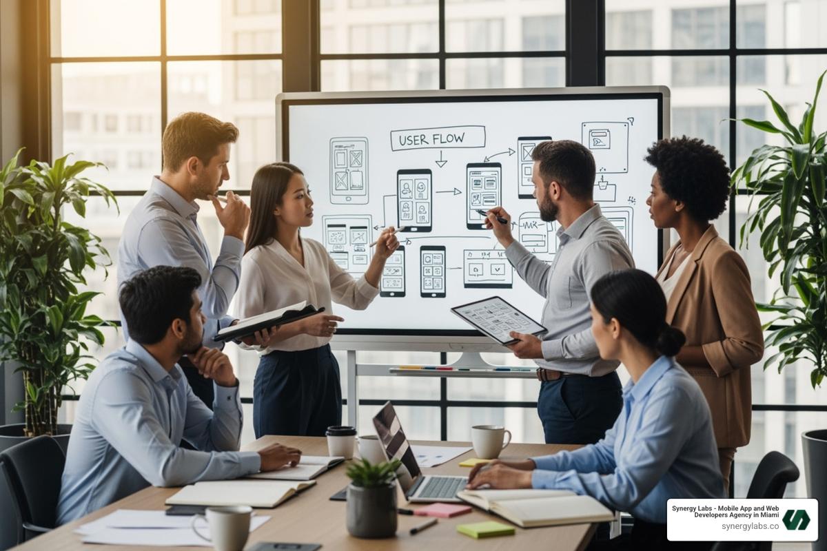 Diverse team collaborating around a whiteboard, sketching out an app's user flow - Riyadh app development, Saudi Arabia mobile app agency, custom software Riyadh, MENA mobile apps, Saudi digital product services