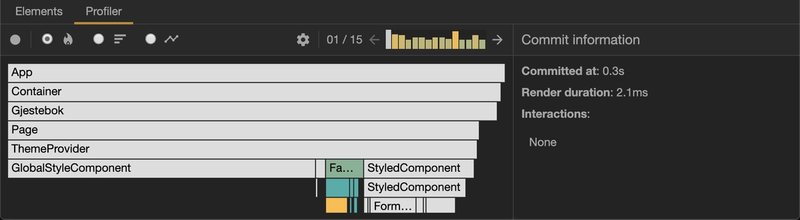 A flame graph view of the Profiler, showing a bunch of components and their relative rendering times