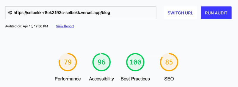 Lighthouse score. 79 % on performance, 96 % on accessibility, 100 % on best practices, 85 % on SEO