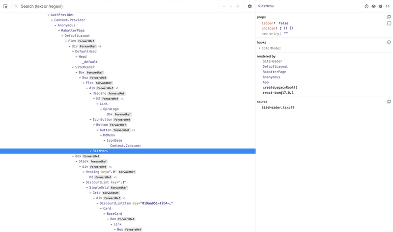 The Components view of the React Dev tools, showing a tree structure to the left and the relevant props to the right