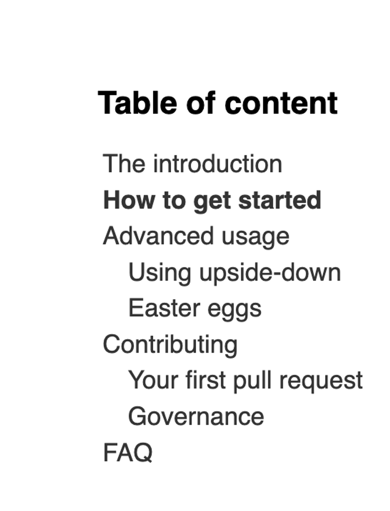 A zoomed in version of the table of content, with one section marked as active through the use of bold text