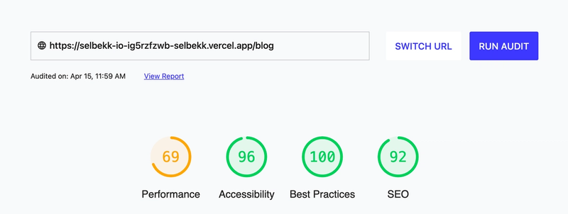 initial lighthouse score. 69 on performance, 96 on accessibility, 100 on best practices and 92 on SEO