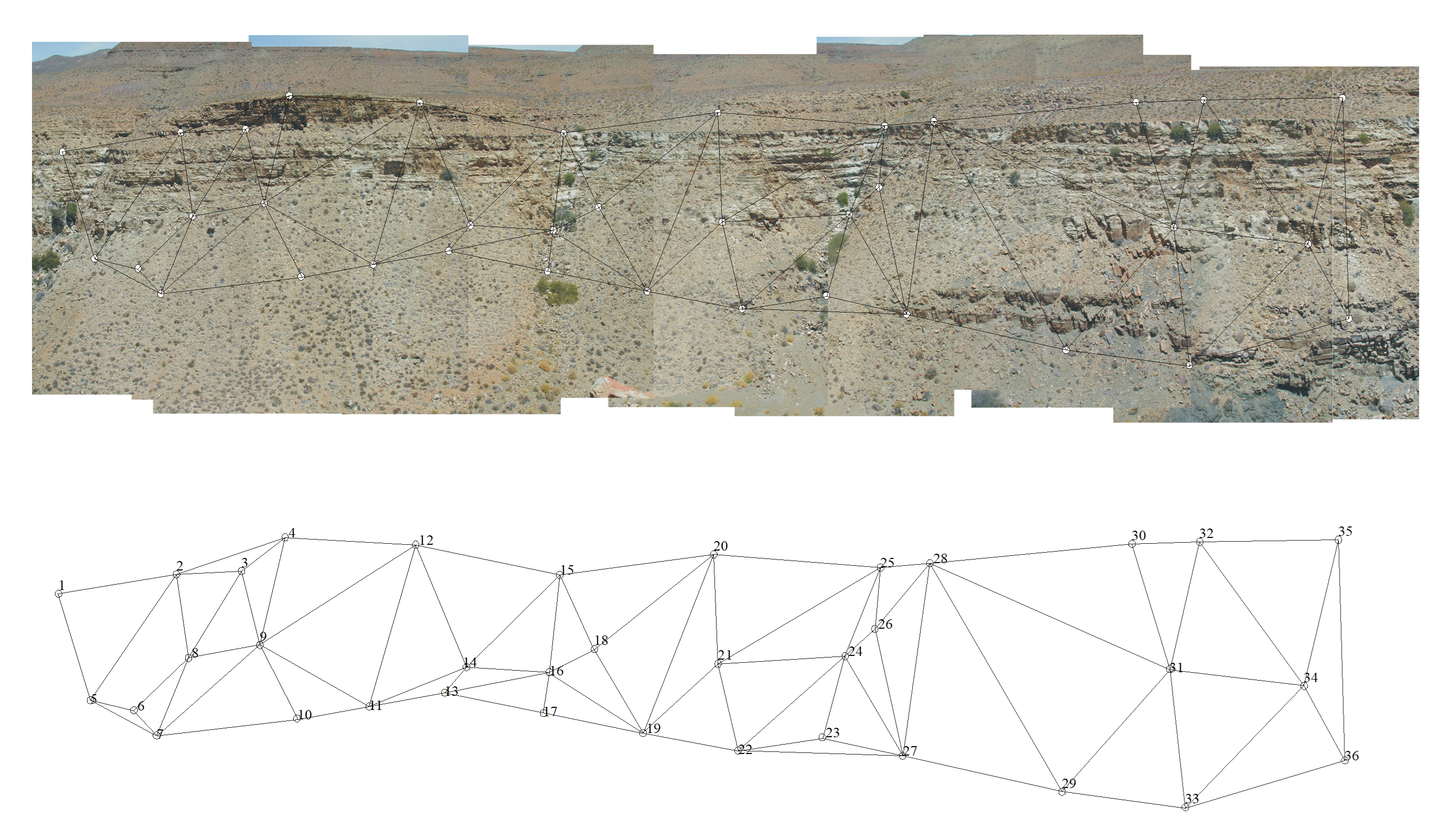 Figure 1: A photopanel of the original imagery for this study, with paper plates used for ground control points (GCPs). The lower mesh style display shows the position of the GCPs.