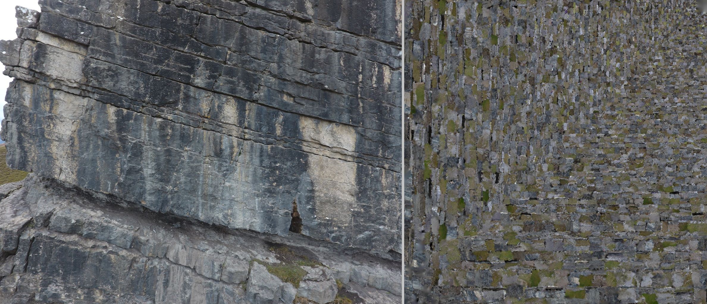 Side-by-side image showing a high-resolution photograph of a rock outcrop on the left, with visible bedding and fractures, and a corresponding texture map on the right, made up of disjointed image patches used in 3D model texturing.