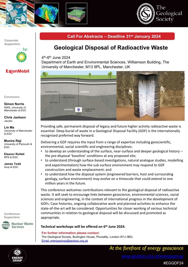 Poster describing the Geological Disposal of Radioactive Waste Meeting including sponsors.