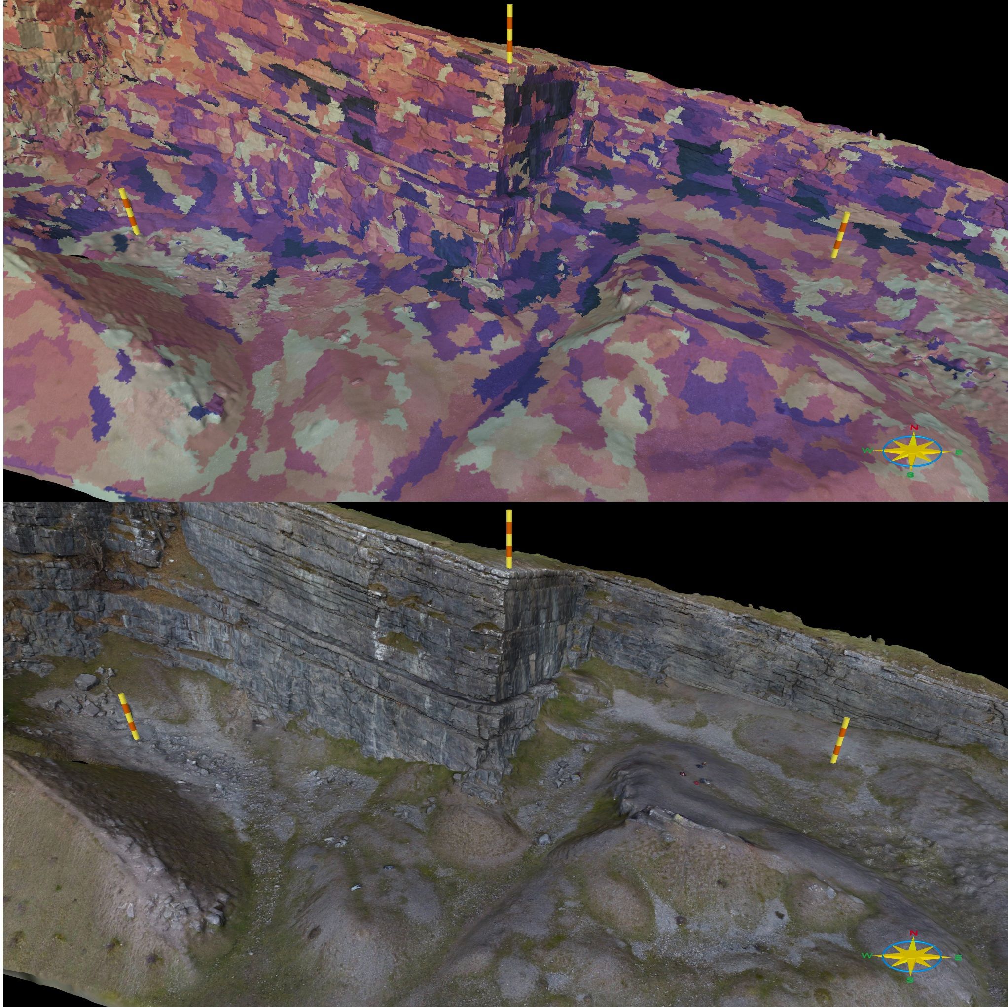 Two-panel image showing the same digital outcrop model. The top panel displays multicoloured, irregularly shaped texture patches distributed across the surface. The bottom panel shows the same model with realistic photo textures applied, revealing bedding planes and fine geological features.