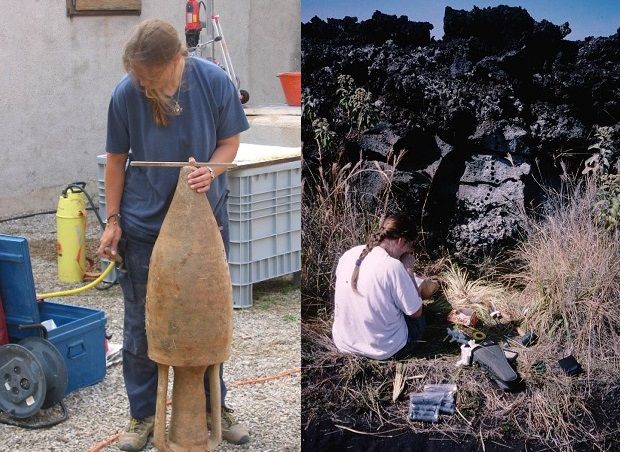 Palaeomagnetic Sampling. On the left a Roman amphora and on the right sampling through a young Hawaiian lava flow.