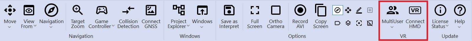 A menu bar showing VR options