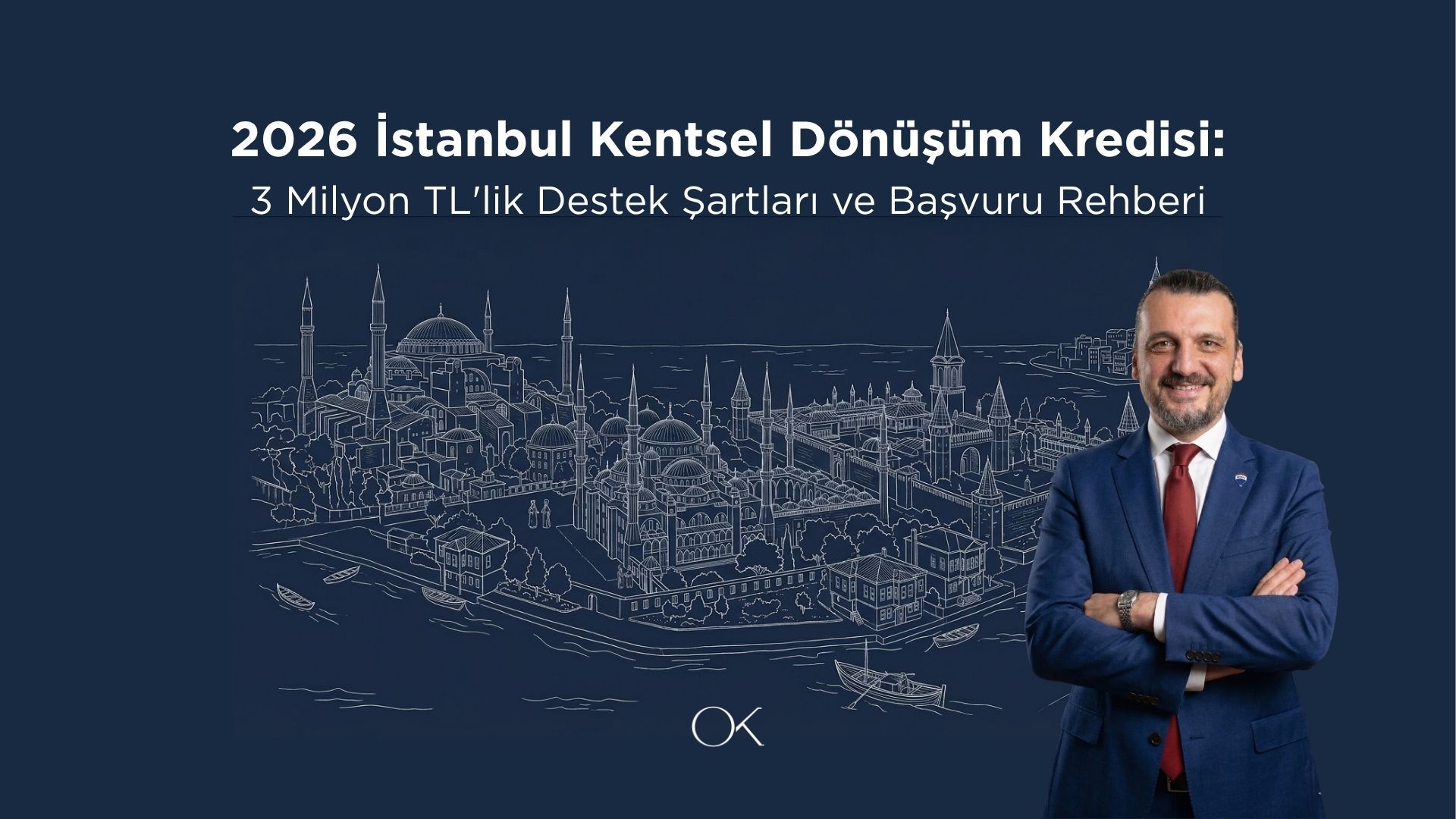 Lacivert arka plan üzerine beyaz hatlı klasik İstanbul silüeti mimari eskiz çizimi.