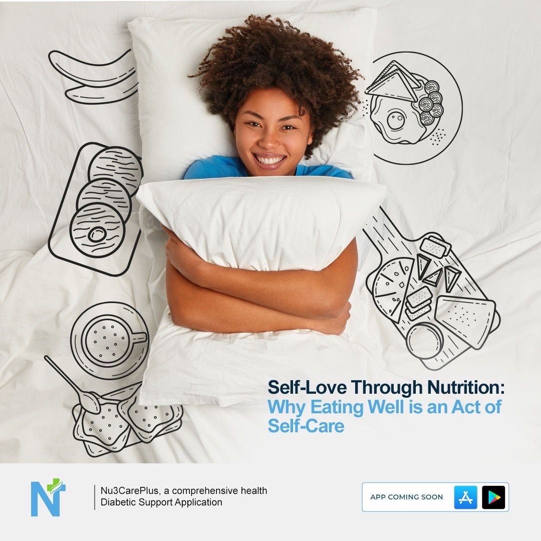 A smiling young woman with curly hair is lying in bed, holding a white pillow. Around her are line-art illustrations of various foods: bananas, a stack of cookies, a cup of coffee, toast with eggs and avocado, and a pizza. The text 'Self-Love Through Nutrition: Why Eating Well is an Act of Self-Care' is displayed in blue and gray. At the bottom, the Nu3CarePlus logo is present with the text 'Nu3CarePlus, a comprehensive health Diabetic Support Application' and an 'APP COMING SOON' button with app store icons.