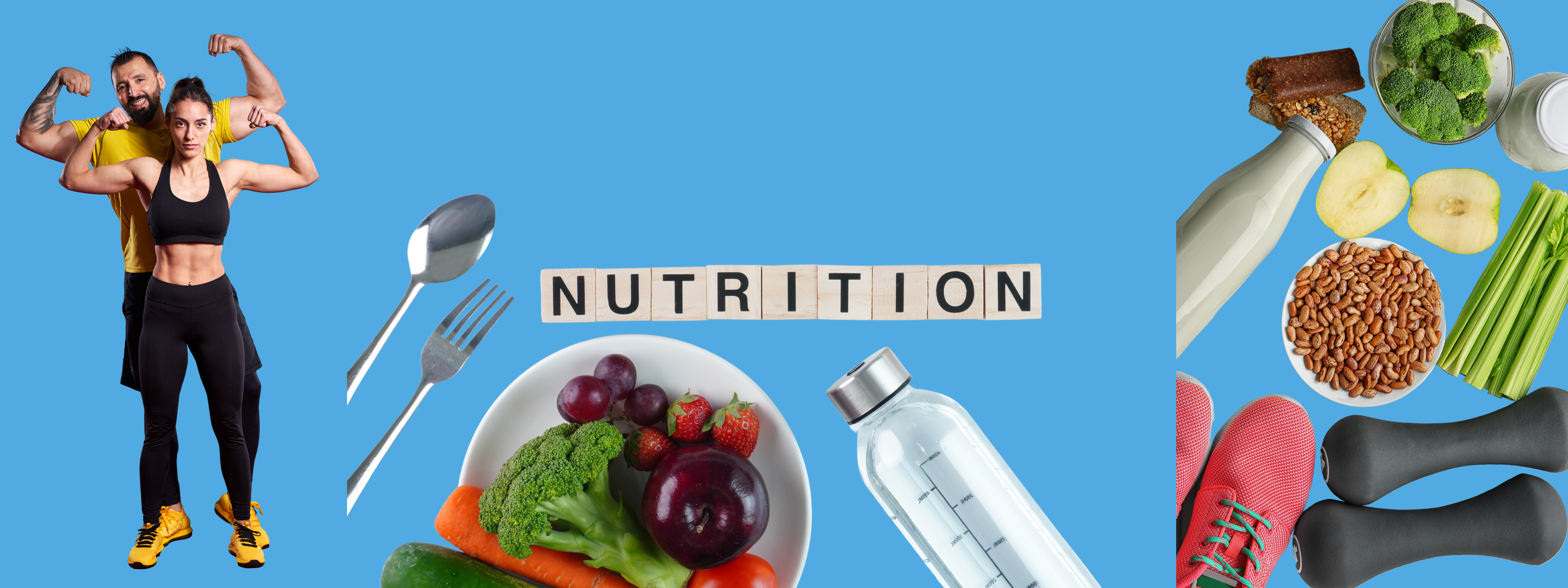 An image of a two people with their fitness wear, where we have Nutrition written, with fruits and exercise kits