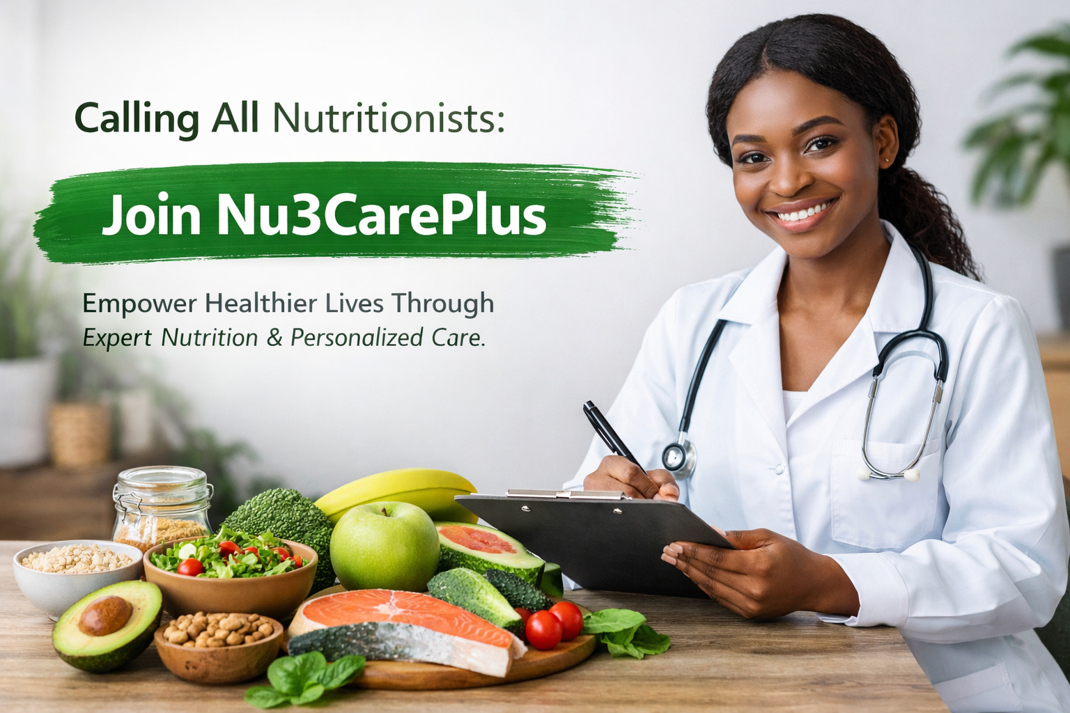 Image of Nutritionist and Fruits on the table.