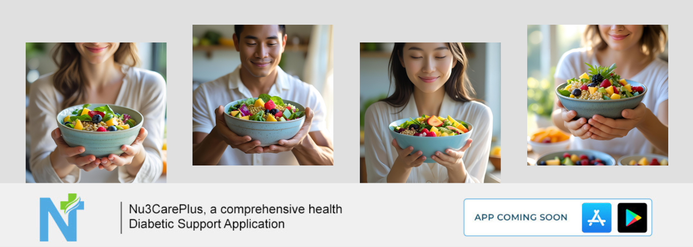 A collage of four individuals (three women and a man) each holding a large bowl filled with vibrant, healthy salads or fruit mixes. The images convey a sense of nourishment and well-being. Below the collage, the Nu3CarePlus logo is displayed, along with the text 'Nu3CarePlus, a comprehensive health Diabetic Support Application' and an 'APP COMING SOON' button featuring the Apple App Store and Google Play Store logos.
