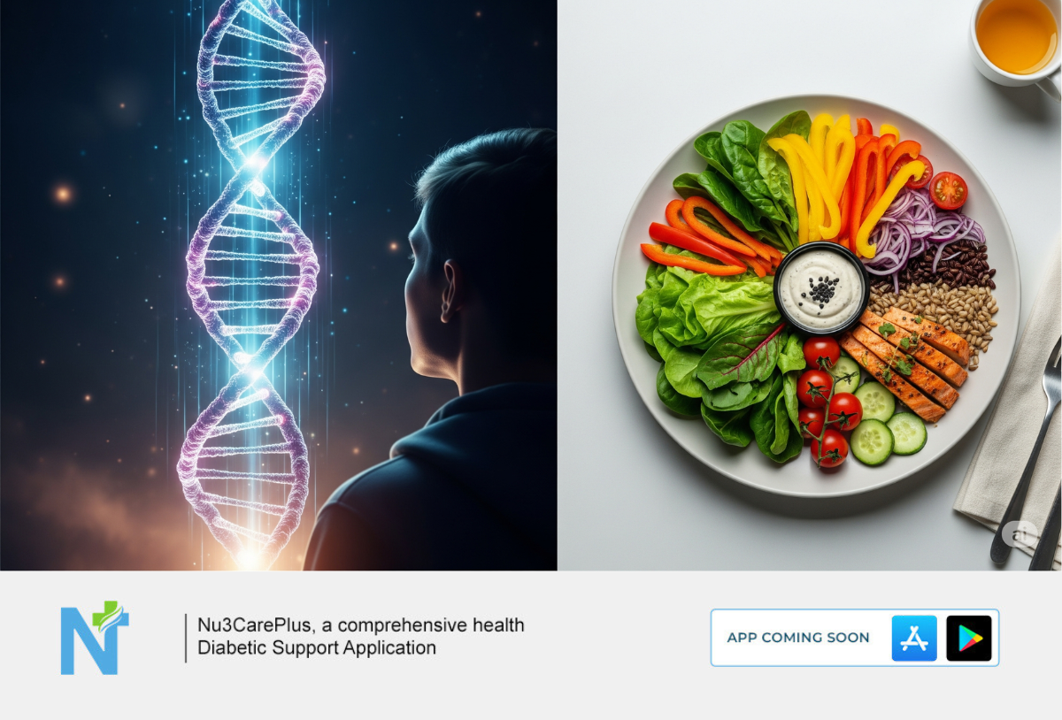 A split image showing a glowing DNA helix on the left and a person looking at it, and a colorful plate of healthy food (salmon, avocado, vegetables, quinoa) on a white wooden surface on the right. At the bottom, the Nu3CarePlus logo, app description, and 'APP COMING SOON' banner with app store icons are visible