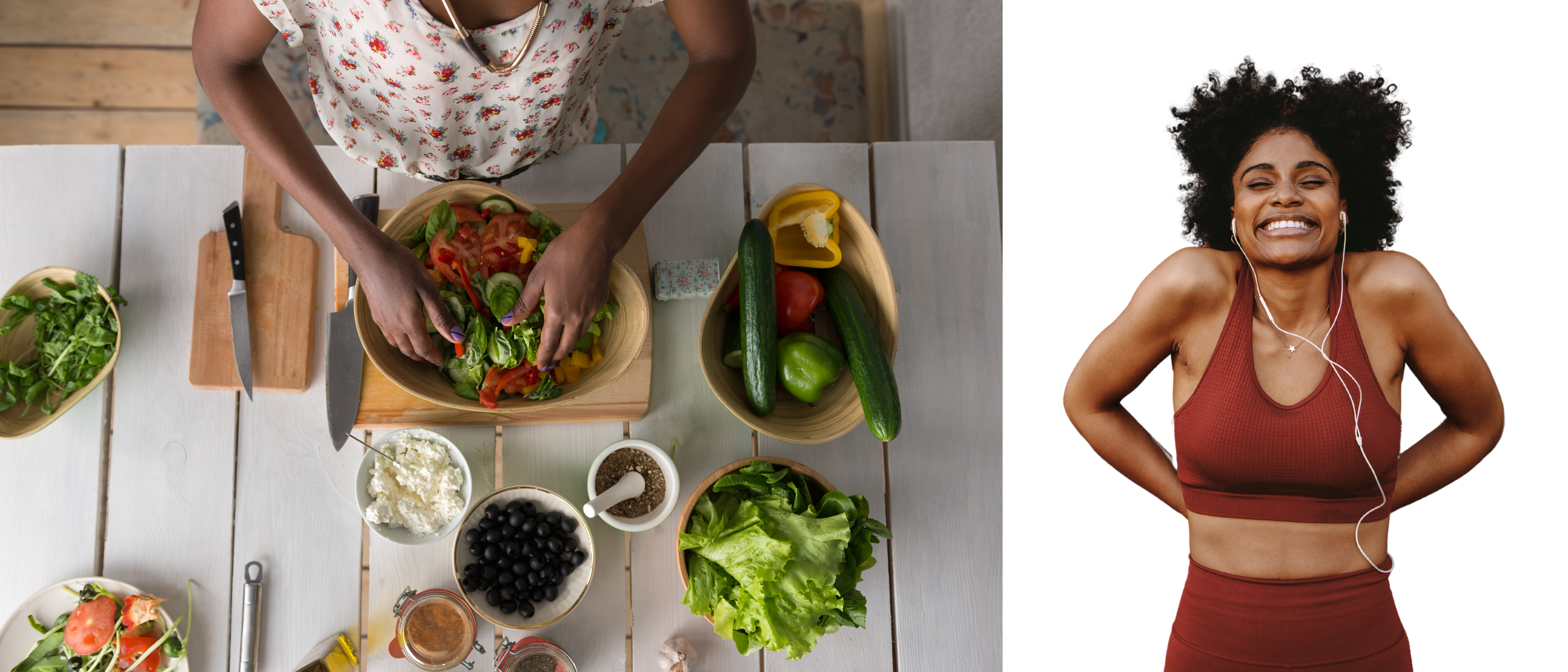 women embracing proper health with good food and exercise