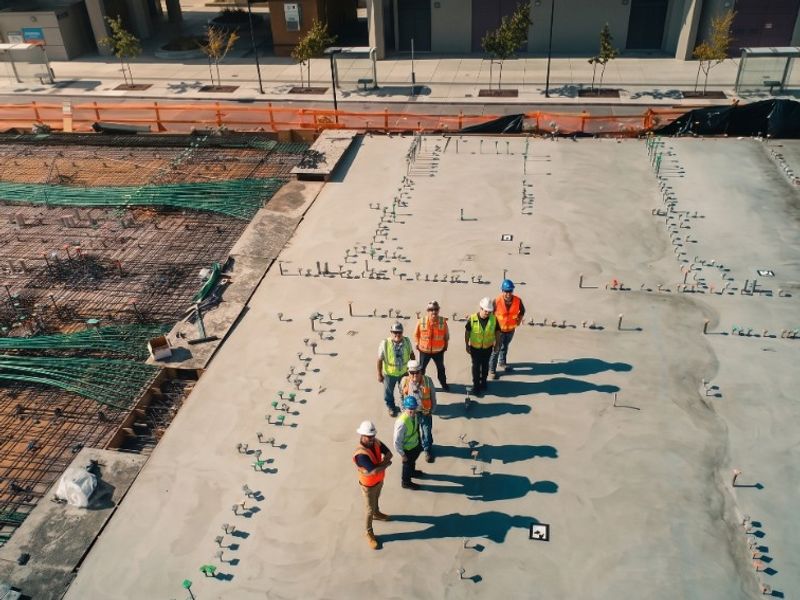 Construction team in hard hats and safety vests standing together on a foundation slab at an active jobsite.