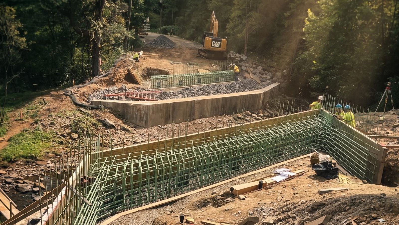 Construction crew installing green rebar for a heavy civil wall at a wooded job site.