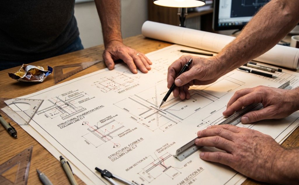 Engineers reviewing structural foundation and beam section plans at a drafting table.