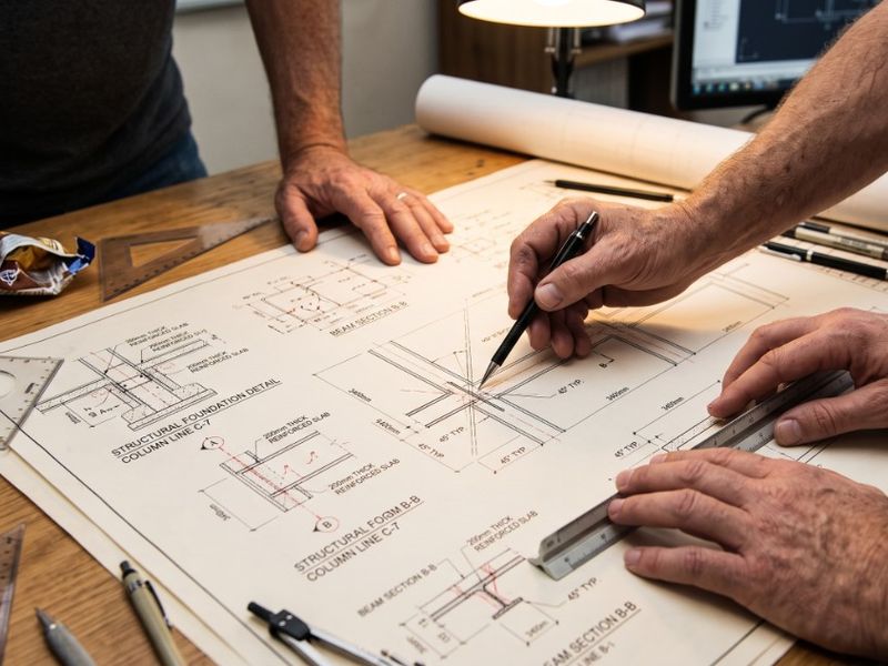 Engineers reviewing structural foundation and beam section plans at a drafting table.