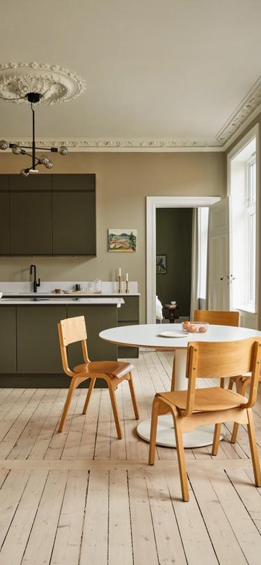 Spisebord foran ett moderne kjøkken i en klassisk leilighet i olivengrått.