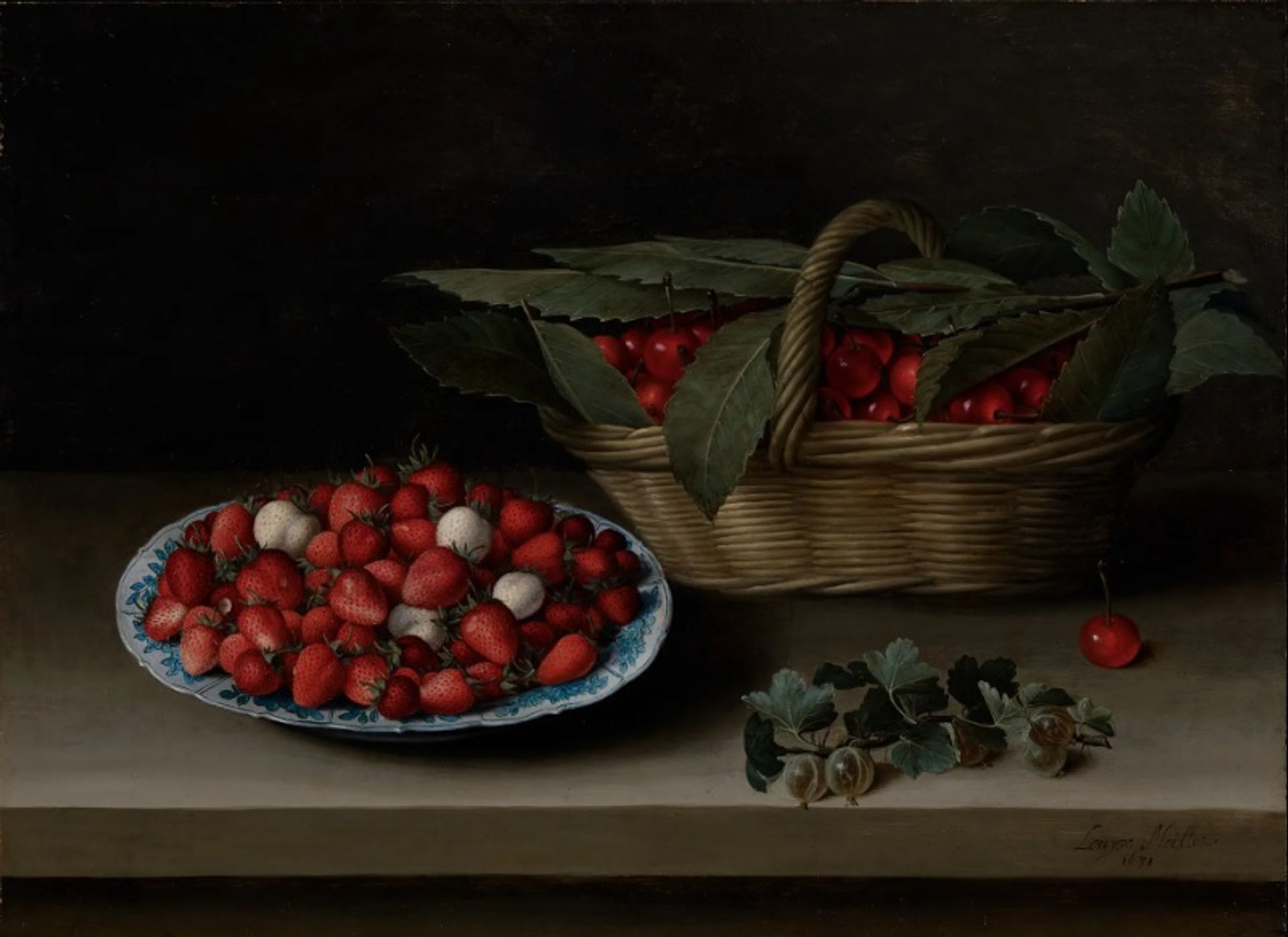 לואיז מוואלון, טבע דומם של קערת תותים, סל דובדבנים וענף דומדמניות, 1631

באדיבות "מוזיאון קימבל לאמנות", בפורט וורת', בטקסס