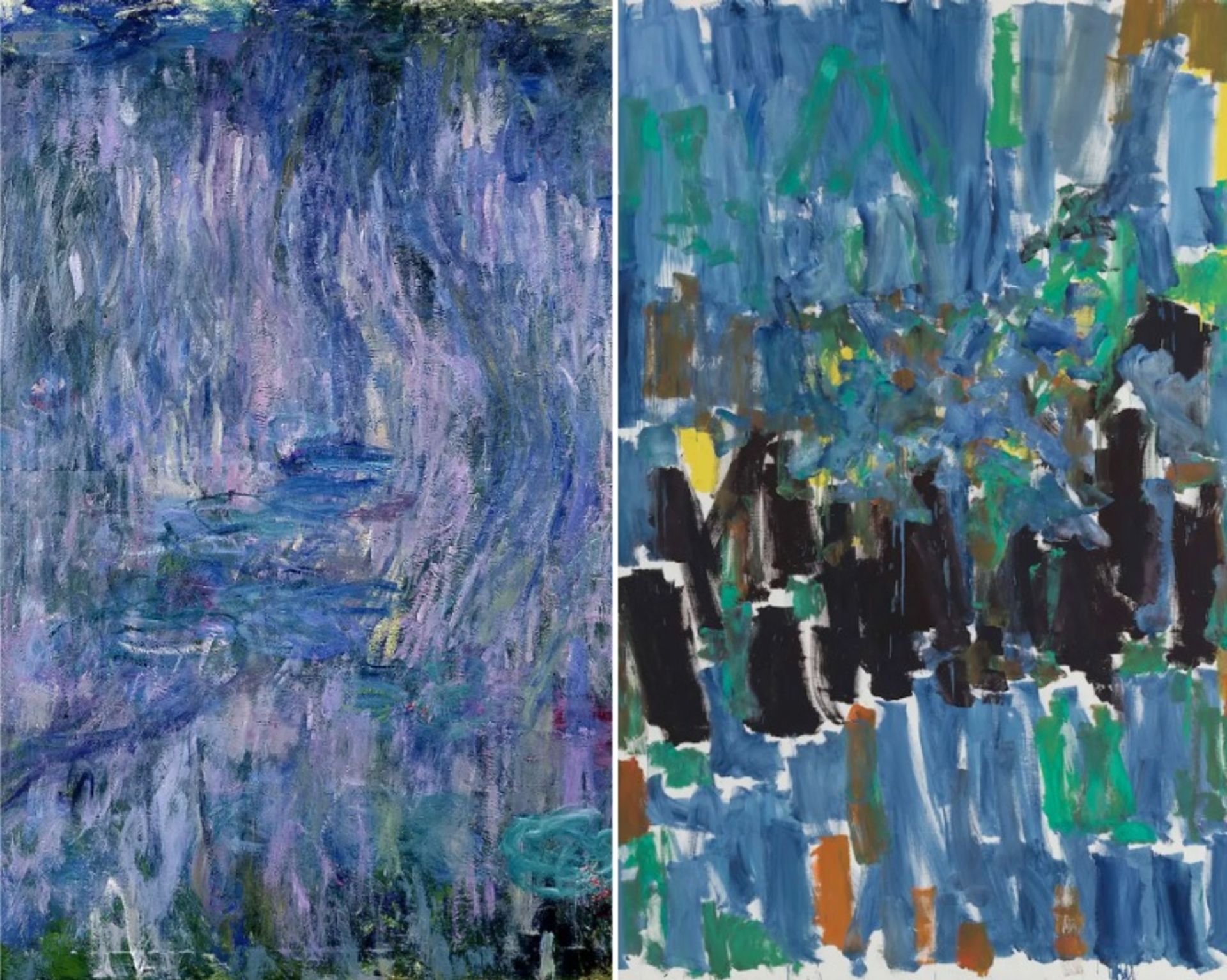 משמאל: (1916-1919)Nymphéas, reflets de saule של קלוד מונה, מימין: No Room at the End של ג'ואן מיטשל (1977)

מונה: "מוזיאון מרמוטן מונה", פריז. מיטשל: העזבון של ג'ואן מיטשל; צילום: Primae/David Bordes