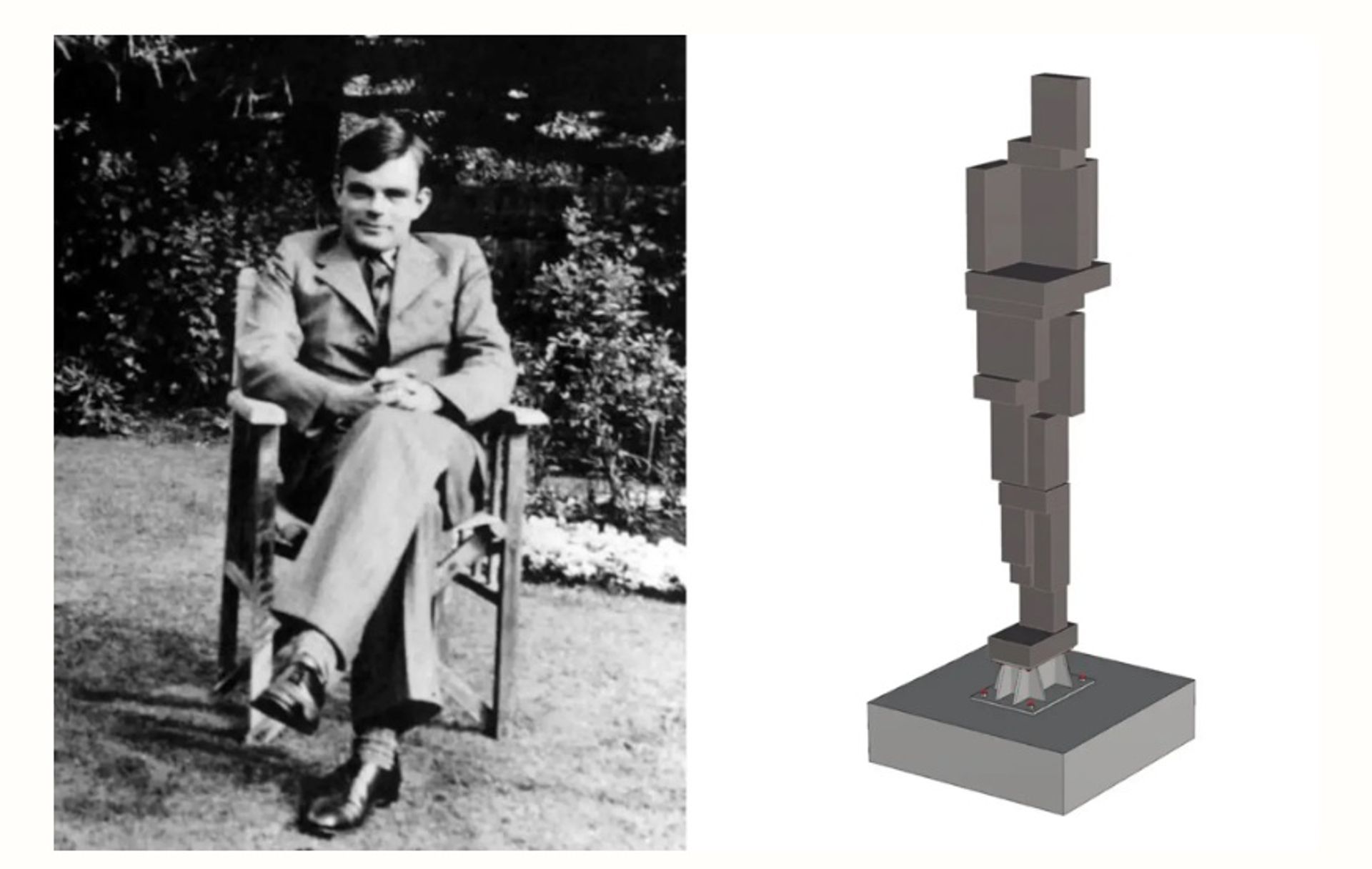 משמאל: אלן טיורינג בשנת 1930. מימין: הפסל המוצע של אנטוני גורמלי להנצחת טיורינג

עיבוד פסלים: באדיבות סטודיו אנטוני גורמלי/מועצת העיר קיימברידג'