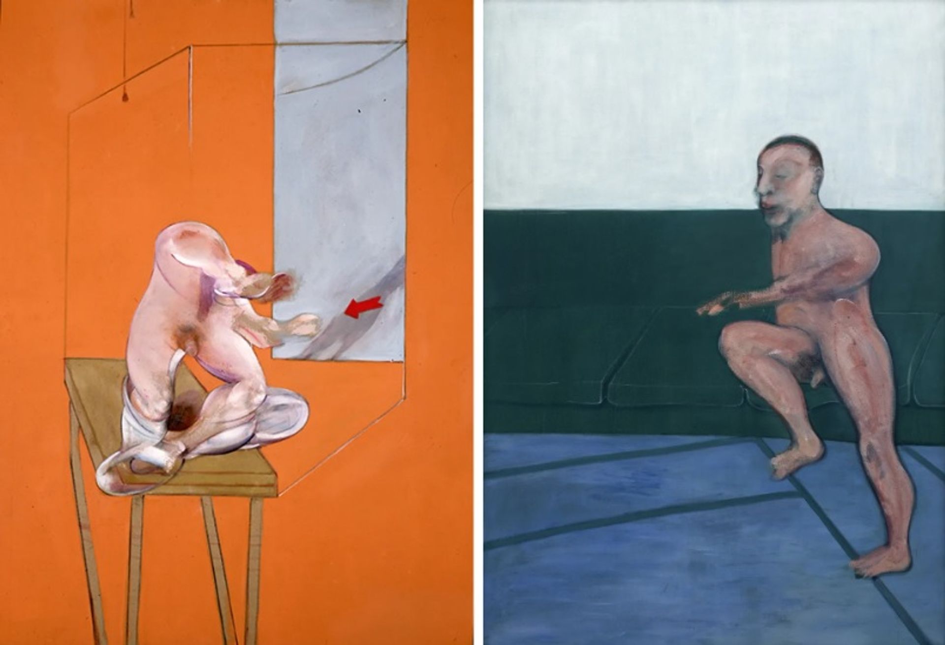 המחקר של פרנסיס בייקון על גוף האדם - דמות בתנועה (1982, שמאל) ודמות יושבת על ספה (1959, ימין) מוצעים שניהם למכירה ב-Frieze Masters

משמאל: באדיבות "מרלבורו", מימין: באדיבות Skarstedt