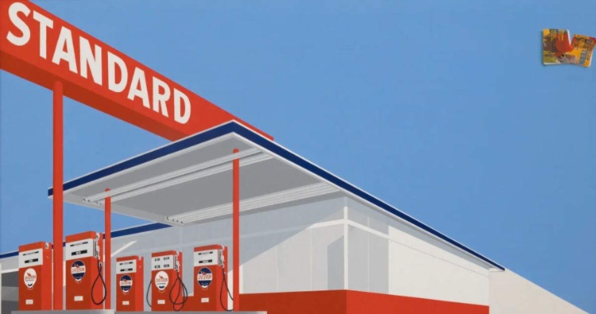 Ed Ruscha, Standard Station, Ten-Cent Western Being Torn in Half, 1964. אוסף פרטי, Fort Worth.

© Edward Ruscha, תמונה © Evie Marie Bishop, באדיבות "המוזיאון לאמנות מודרנית של פורט וורת"