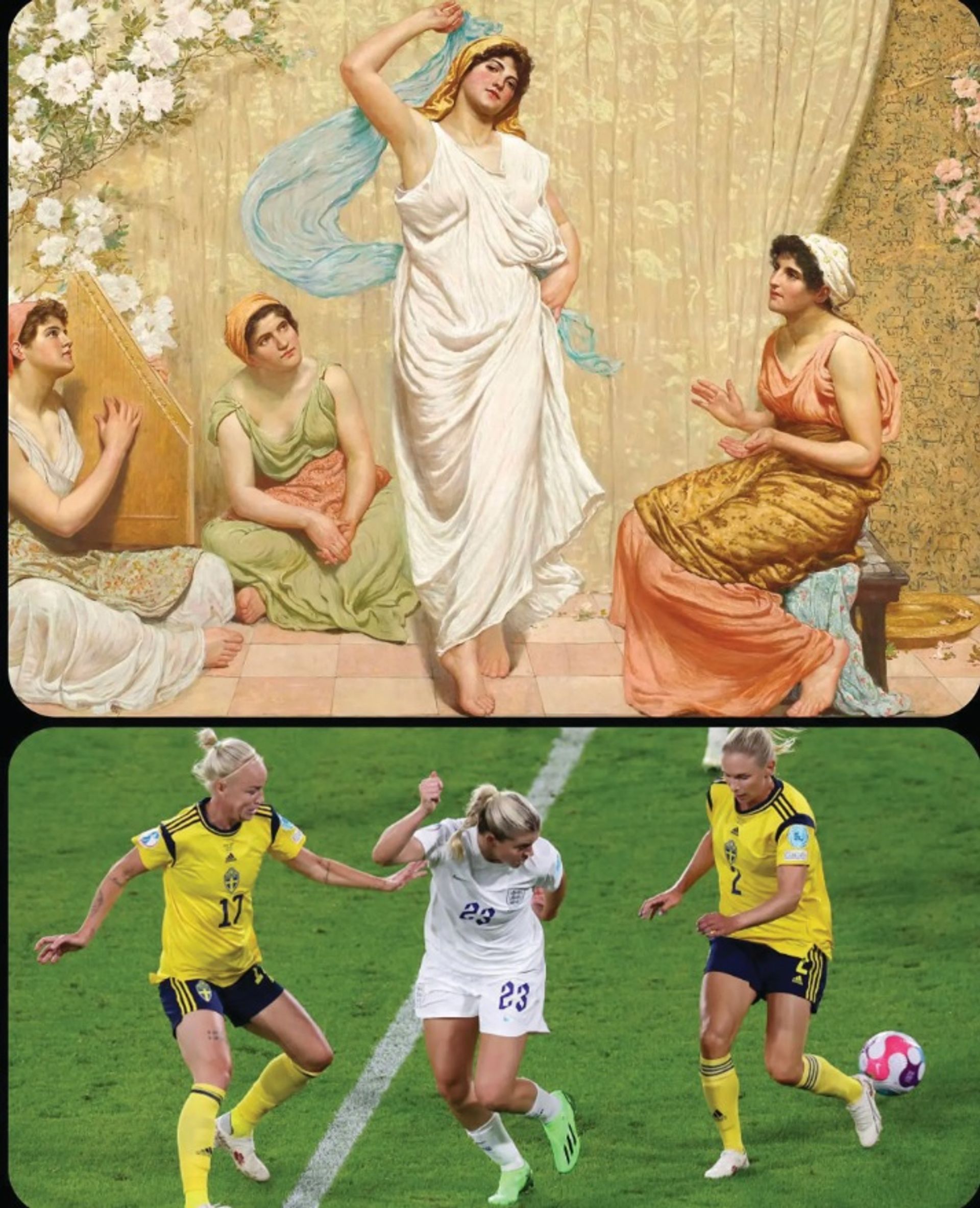 דופקים פוזה: עבור חשבון האינסטגרם שלו, Art But Make It Sports, L.J. Rader שילב את Dance of Salome (1885) של רוברט פאולר עם תמונה של השער המדהים, מוקדם יותר השנה, של שחקנית הכדורגל האנגליה אלסיה רוסו במשחק נגד שוודיה, בחצי גמר היורו לנשים

רוברט פאולר; Dance of Salome ; 1885; צילום: © BarclaysWSL. קרדיט: @artbutmakeitsports