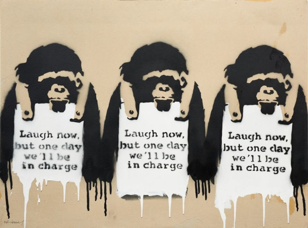 ,Laugh Now But Day We'll Be In Charge (2002) של בנקסי, נמכר ב"כריסטי'ס" ב-11 במאי, תמורת 2.1 מיליון דולר (עם עמלות)