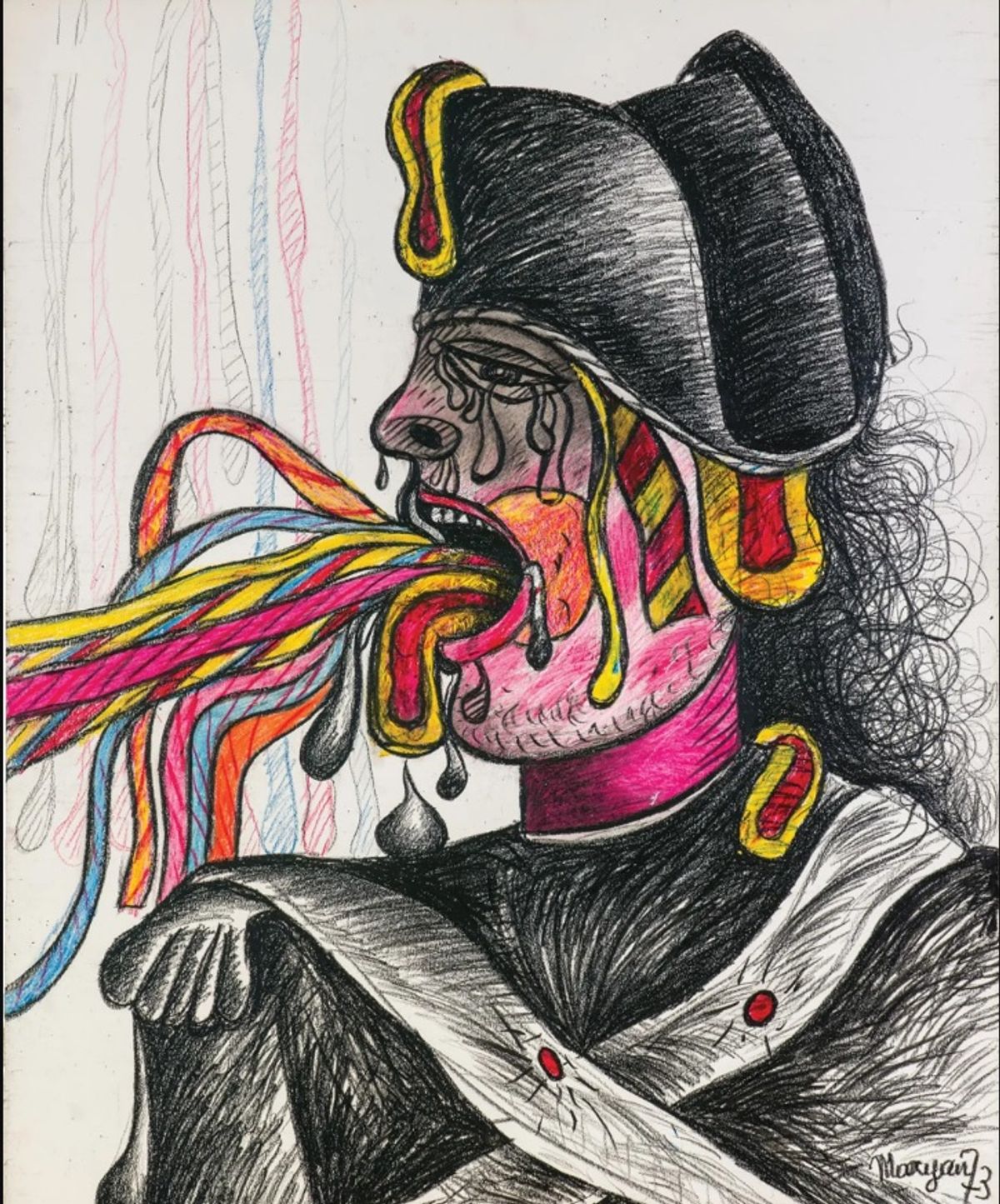 ציור של מריאן משנת 1973 Personnage (נפוליאון), בן משפחתו הקרוב היחיד ששרד את השואה. מריאן חקר את הזוועות של חייו באמצעות האמנות שלו

צילום: באדיבות ונוס מעל מנהטן, ניו יורק