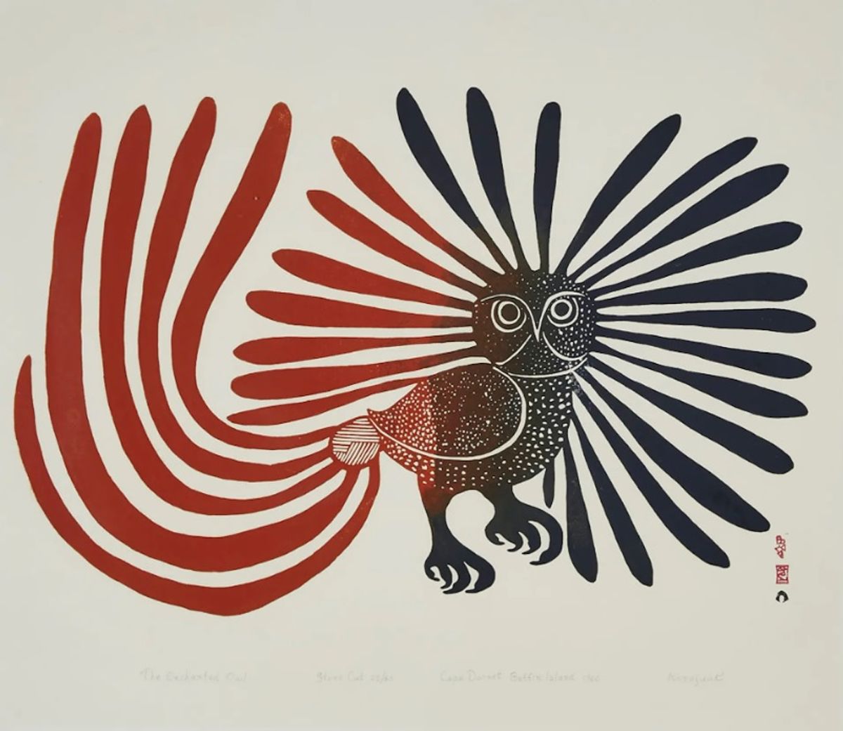 ההדפס של ,Kenojuak Ashevak הינשוף המכושף(1960), שנמכר במקור ב-24 דולר קנדי, נמכר שוב תמורת 216,000 דולר קנדי ​​במכירה פומבית ב-2018, אך עזבונה של האמנית לא קיבל שום סכום מהמכירה. זה עשוי להשתנות עם חקיקה חדשה שנבדקת

באדיבות וואדינגטון