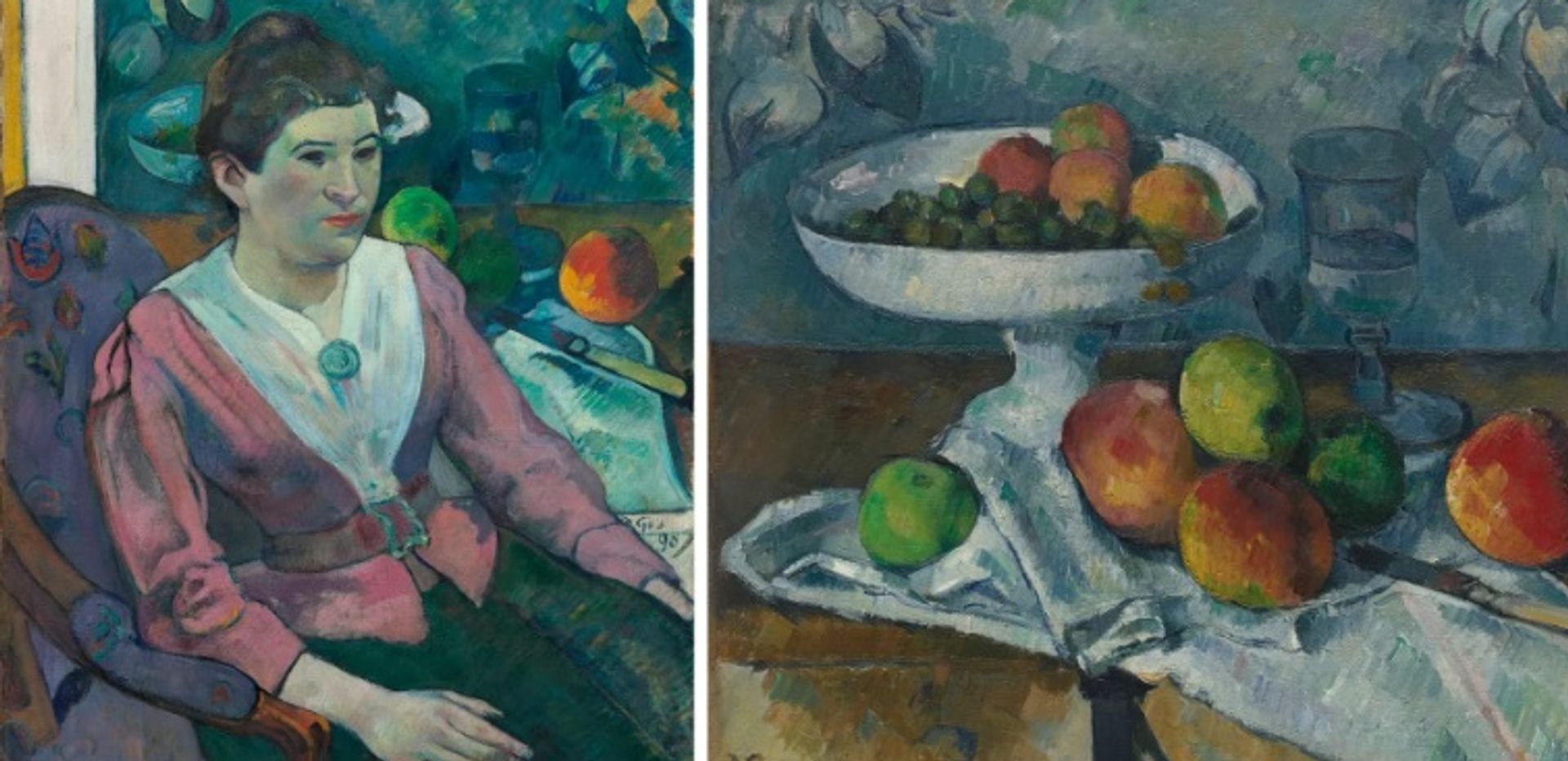 Still life with Fruit Dish (1879-80), של סזאן (מימין), היה פעם בבעלותו של פול גוגן, שכלל את הציור ברקע של ציור שלו, Woman in front of a Still life by Cezanne (1890), (משמאל)

סזאן: באדיבות המוזיאון לאמנות מודרנית, ניו יורק; גוגן: באדיבות המכון לאמנות בשיקגו