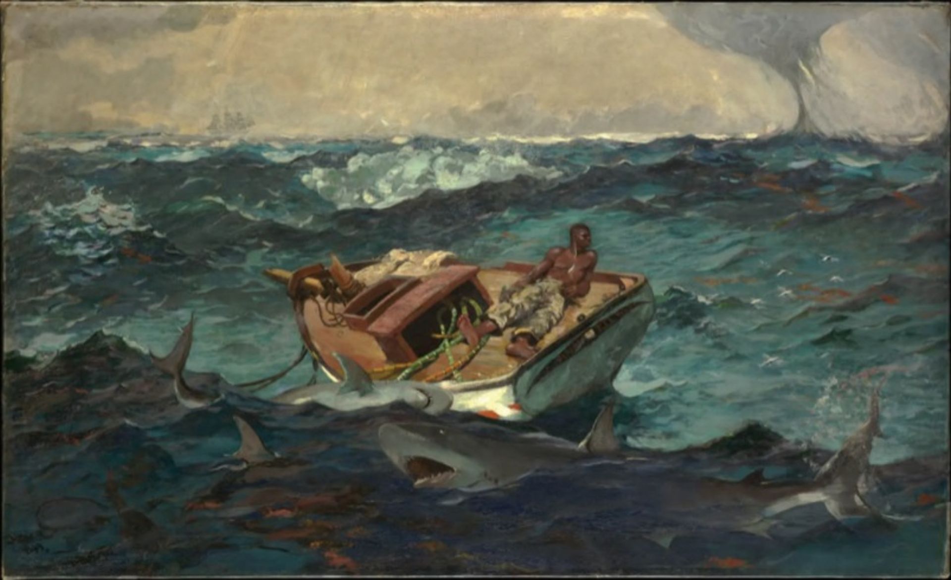 The Gulf Stream של ווינסלו הומר (1899), שנחשב כ"אנקדוטלי מדי" במהלך חייו של האמן, משמש כנקודת פתיחה לתערוכה

באדיבות מוזיאון מטרופוליטן לאמנות