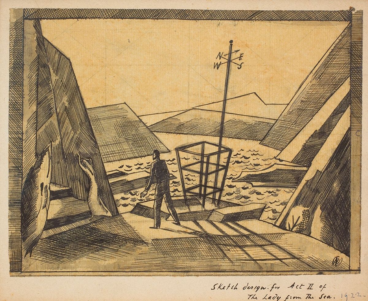 רישום בעיפרון של פול נאש משנת 1922 של עיצוב סצנה למערכה השנייה של המחזה "The Lady from the Sea" של הנריק איבסן משנת 1888

צילום: אדוארד גריי