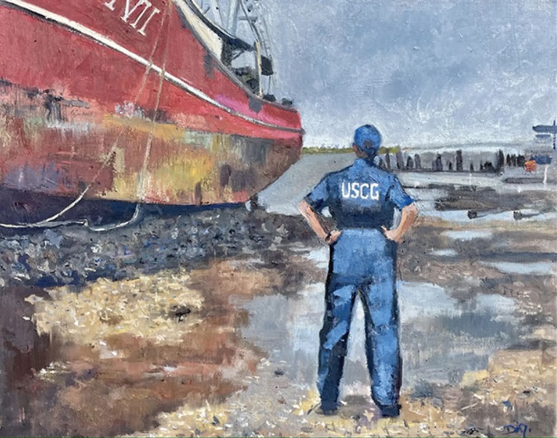 הציור Safety Hazard(2022) של איימי דיג'י, מתאר את הסיוע של אנשי משמר החופים לאחר שסופת הוריקן אידה פגעה בחוף המזרחי של ארה"ב. הציור הוצג בתערוכה שעלתה לאחרונה בניו יורק של עבודות מאוסף משמר החופים

באדיבות האמן