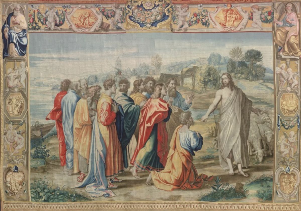Mortlake Tapestry Manufactory לפי עיצוב של רפאל Feed My Sheep (הציווי של ישו לפיטר) (אחרי 1625)

Staatliche Kunstsammlungen Dresden, Gemäldegalerie Alte Meister