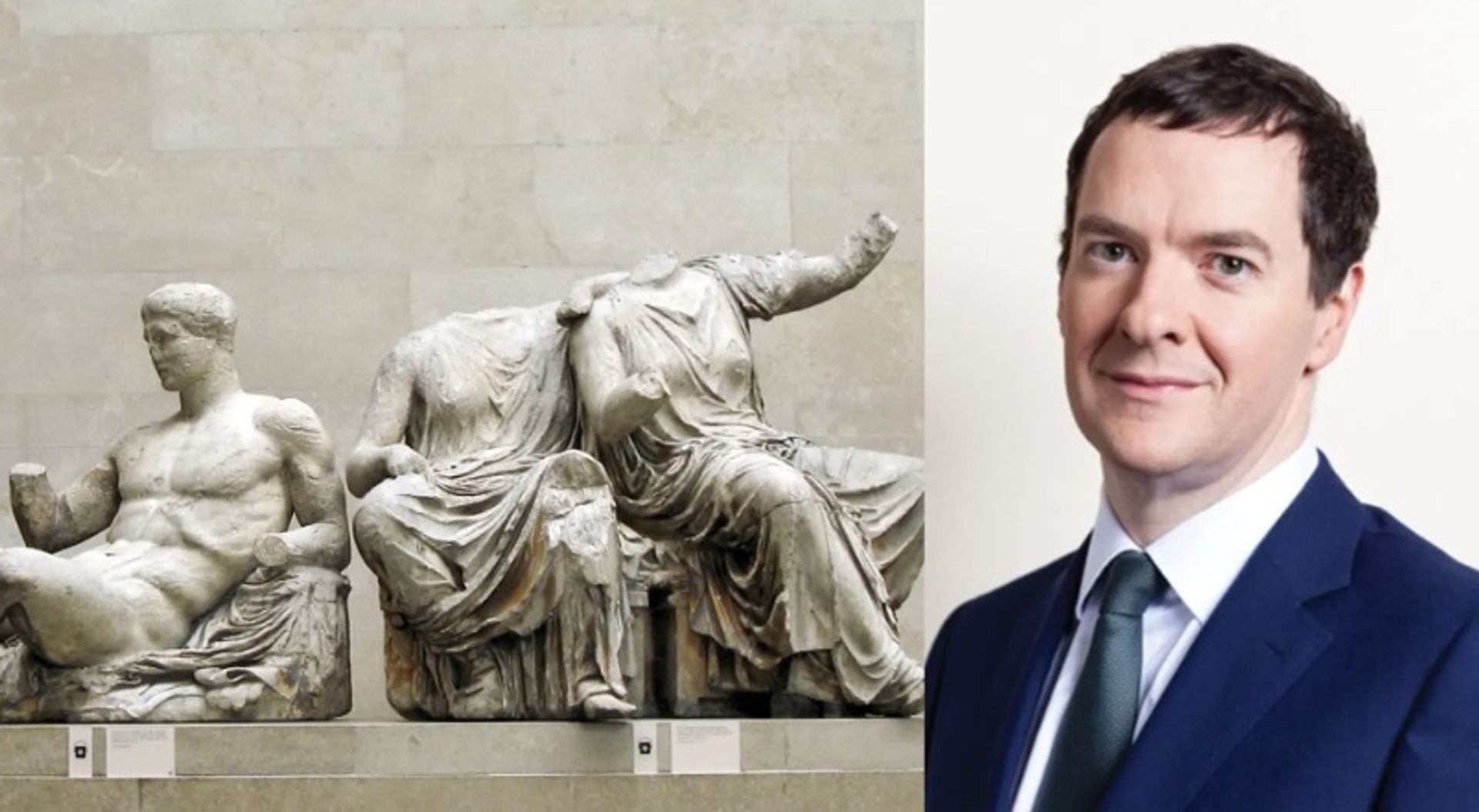 פסלי שיש הפרתנון במוזיאון הבריטי וג'ורג' אוסבורן

צילום שיש: ג'סטין נוריס CC; אוסבורן: HM Treasury